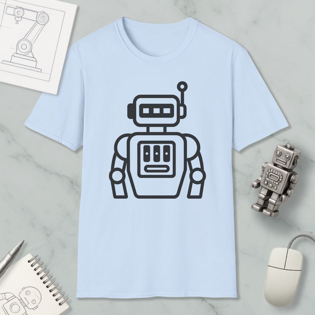 a light blue t-shirt with a robot graphic printed on it, along with various objects such as a computer mouse, a notebook, and a pen.