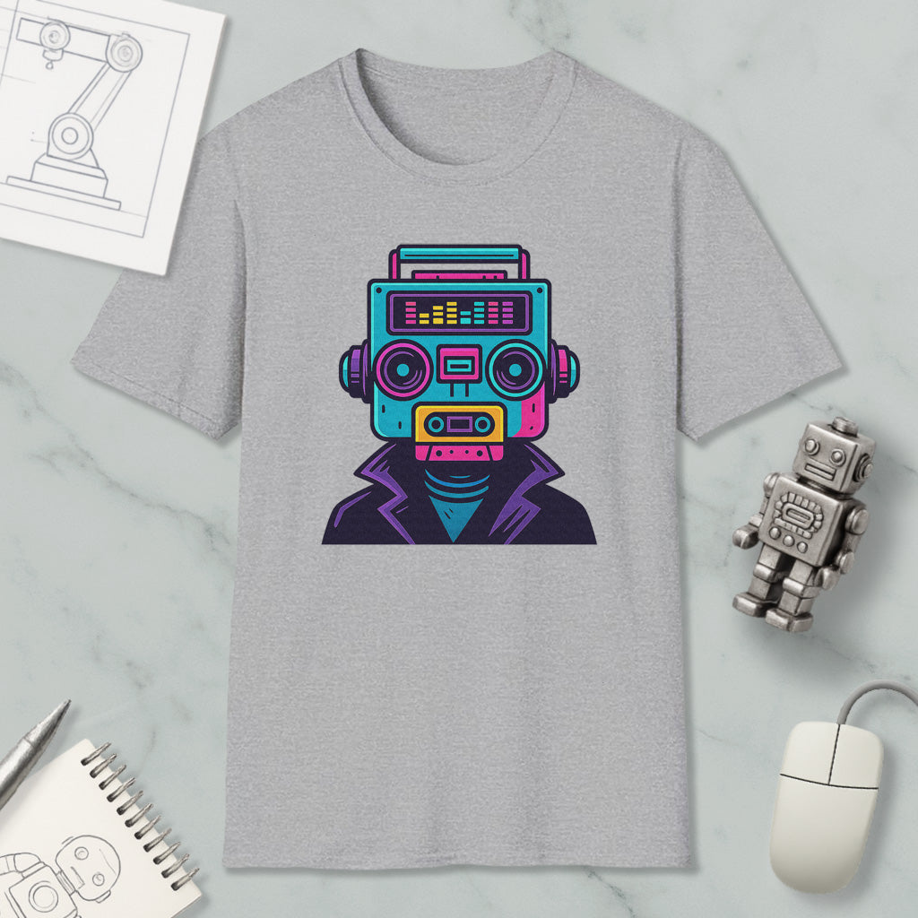 a gray t-shirt with a colorful graphic of a robot or robot-like figure, along with various objects such as a mouse, a notebook, and a pen.