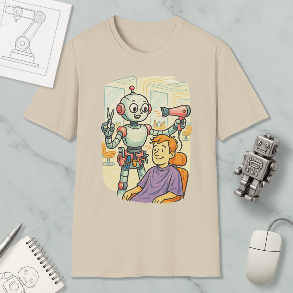 A t-shirt with an illustration of a robot giving a haircut to a person, accompanied by a computer mouse, a notebook, and a drawing of a robot.
