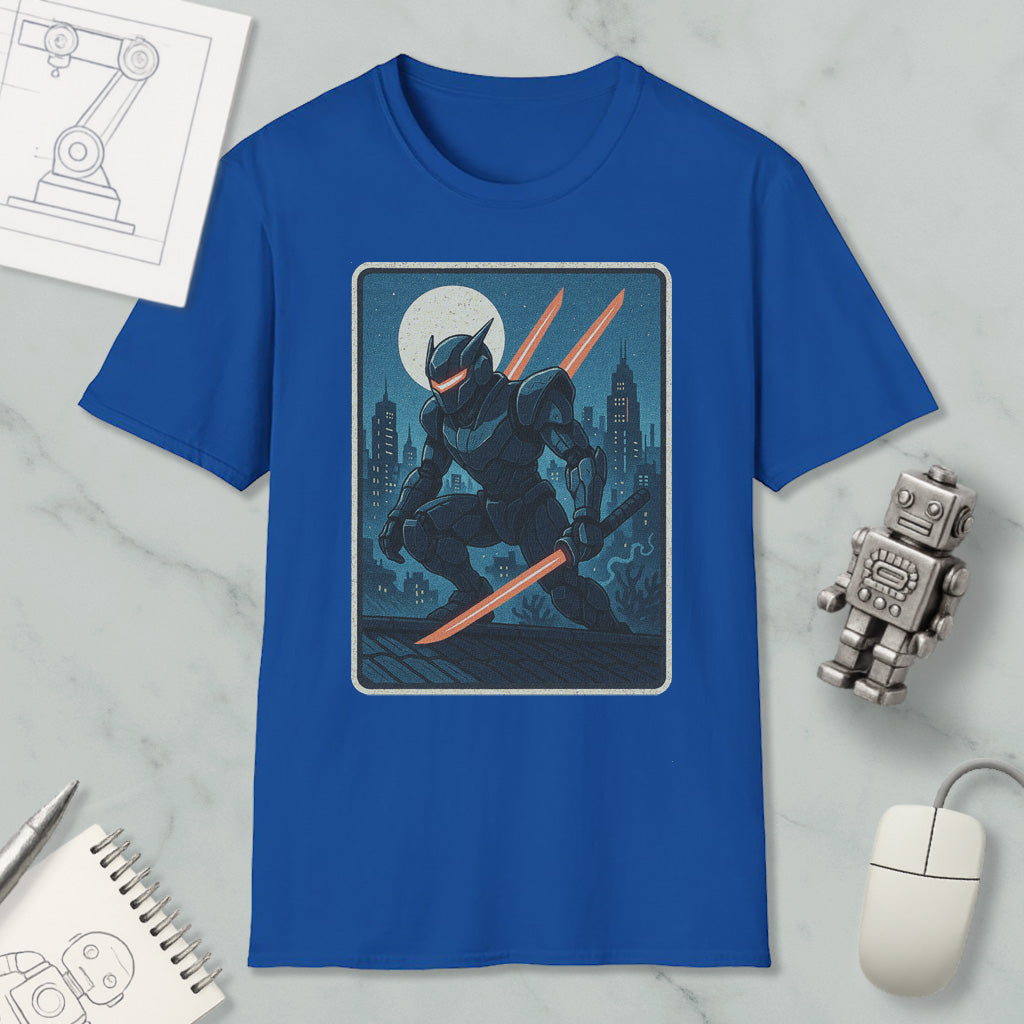 a blue t-shirt with a graphic design depicting a robot or character holding a sword, set against a night cityscape with a full moon.