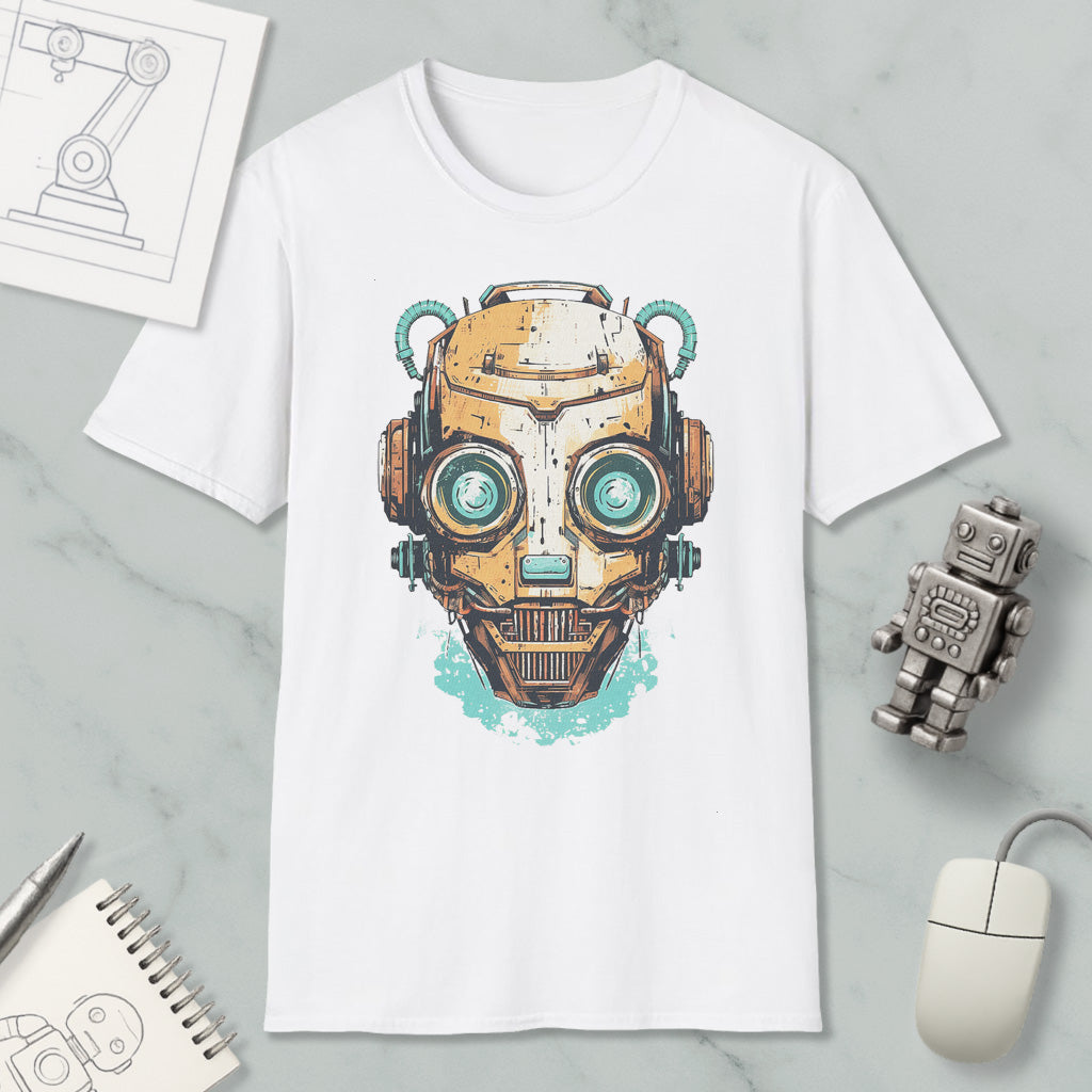 a white t-shirt with a graphic design of a robot or cyborg head, along with various objects such as a computer mouse, a notebook, and a pen.