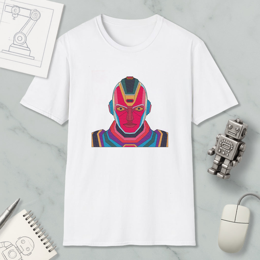 a white t-shirt with a colorful graphic design of a robot or character on it, along with various objects such as a computer mouse, a notebook, and a pen.