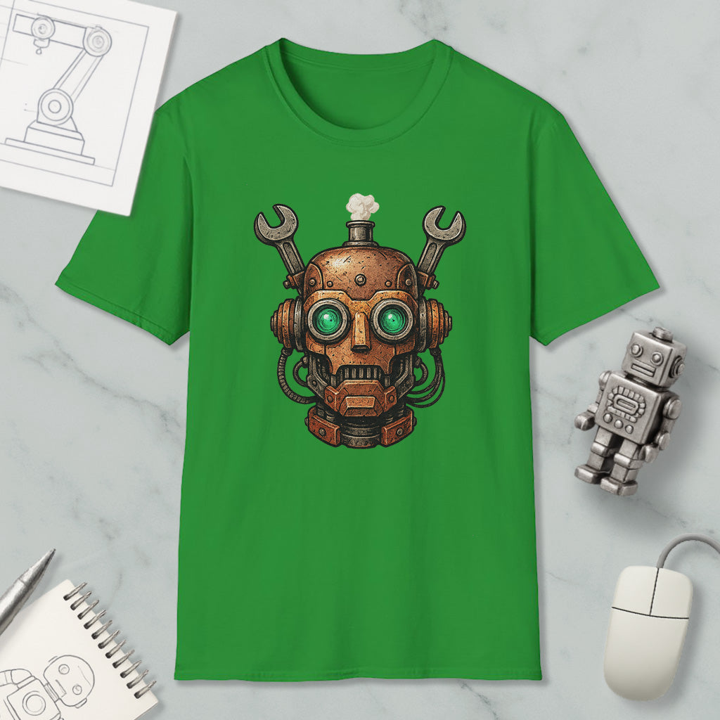 a green t-shirt with a robot or machine head design, along with various objects such as a mouse, a notebook, and a pen.