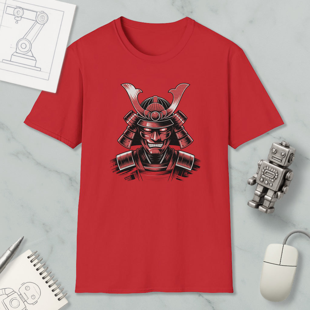 a red t-shirt with a graphic of a warrior or knight, along with various objects such as a mouse, a robot, and a notebook.