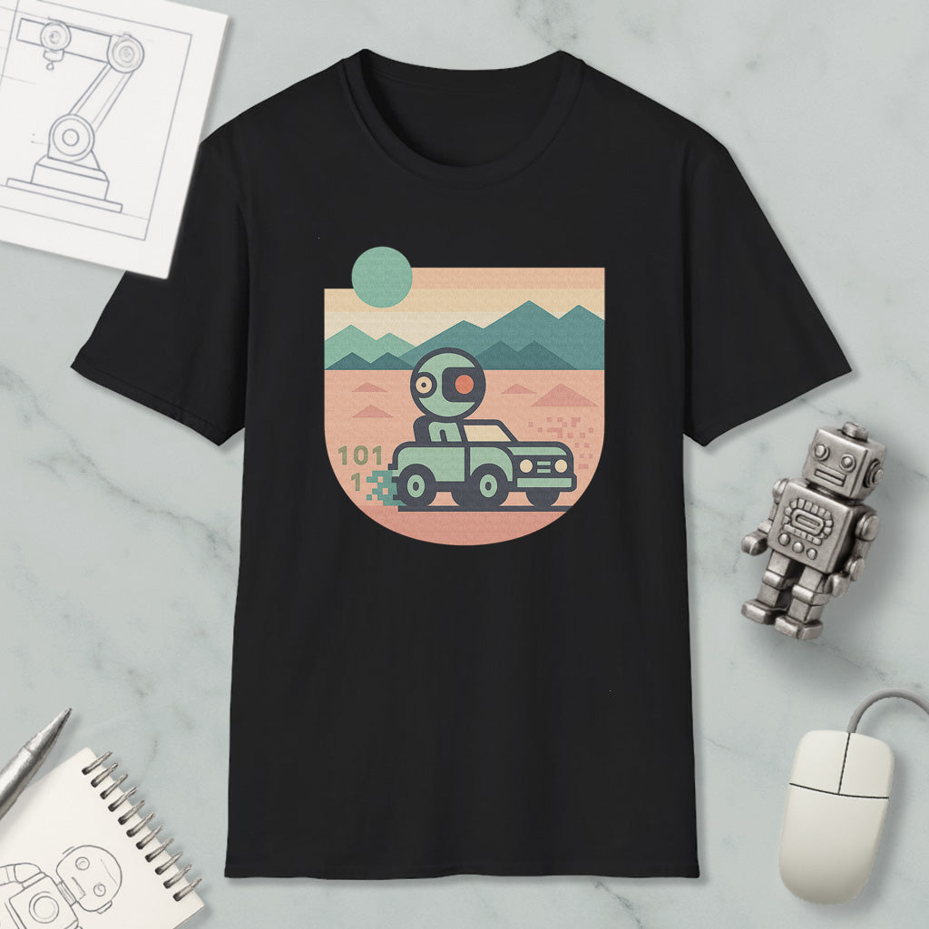 a black t-shirt with a graphic design depicting a robot driving a car on a desert road, with mountains in the background. The t-shirt is placed on a marble surface, along with a computer mouse, a notepad, and a small robot figurine.