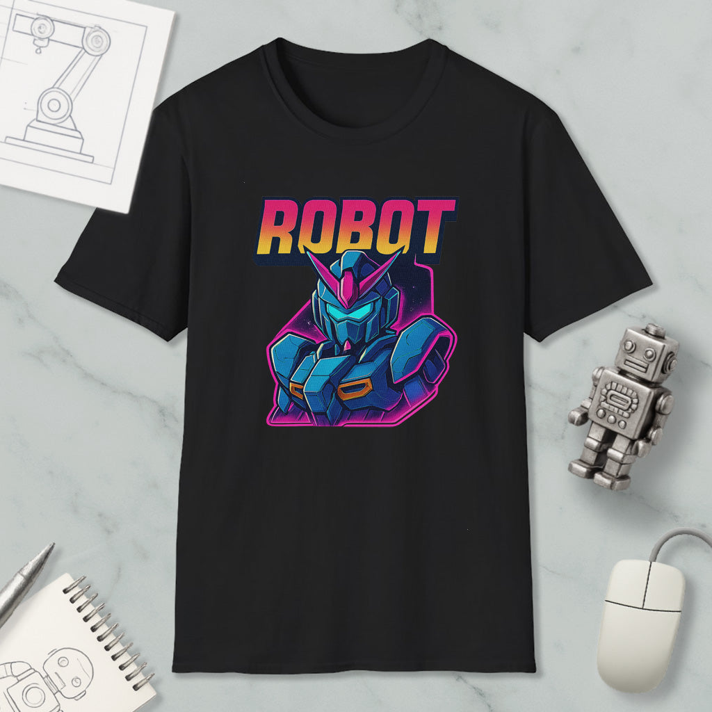 a black t-shirt with a graphic design of a robot character, along with various objects such as a mouse, a notebook, and a sketch of a robot.