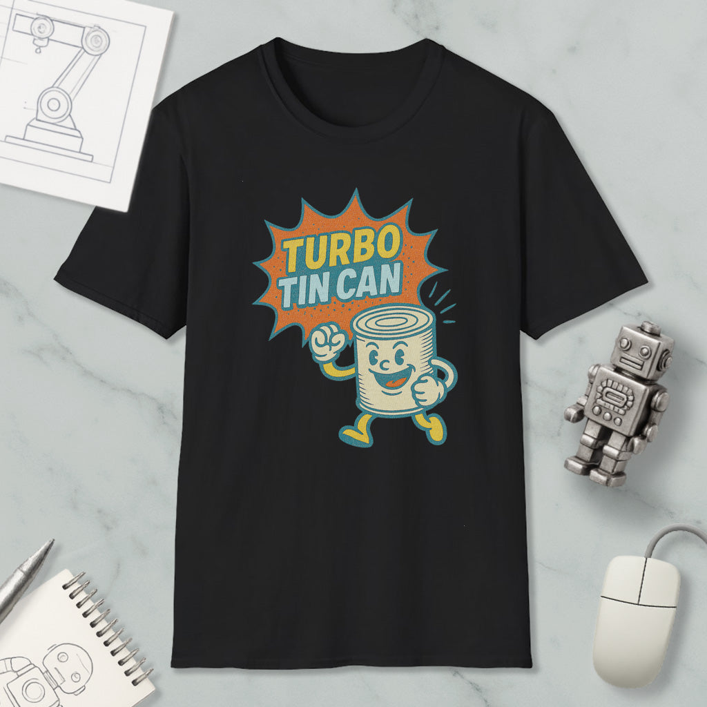 a black t-shirt with a graphic design depicting a tin can character with a surprised expression, accompanied by the text "TURBO TIN CAN".
