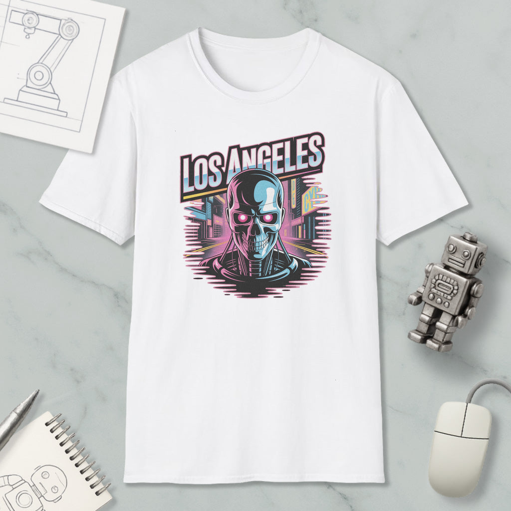 a white t-shirt with a graphic design of a skull and cityscape, along with various objects such as a computer mouse, a notebook, and a robot.