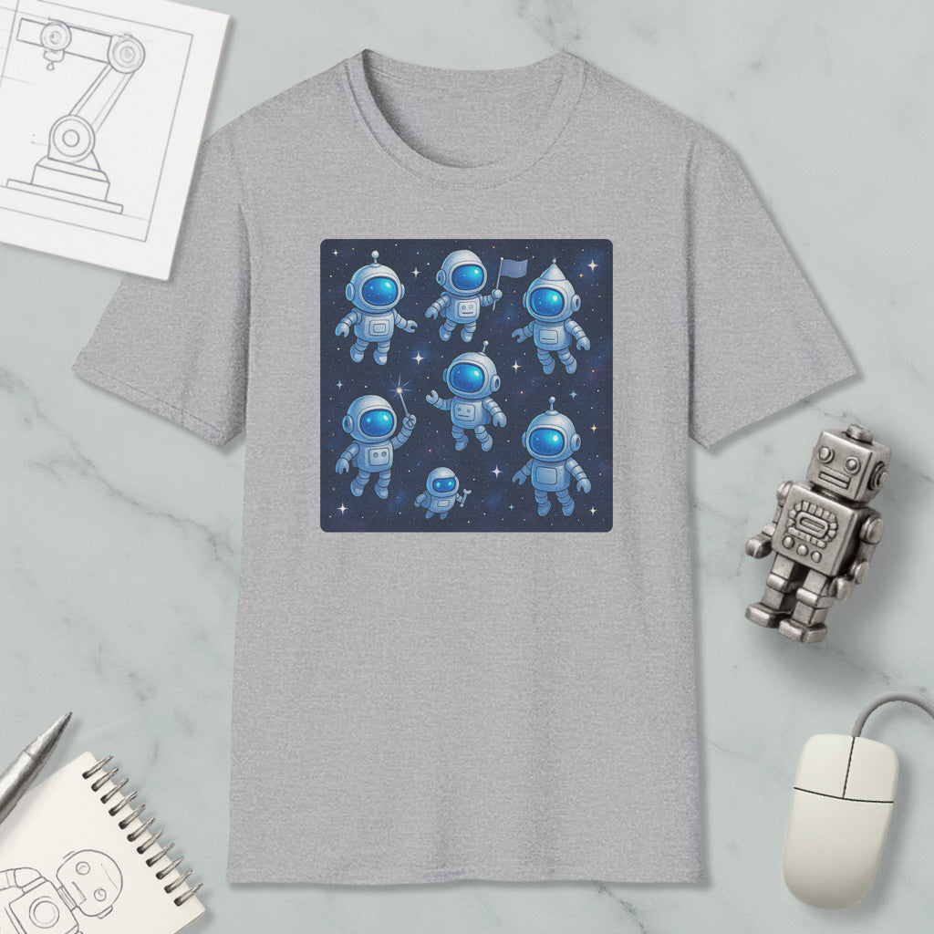 a gray t-shirt with a graphic design of seven cartoon astronaut figures in a space theme, along with a computer mouse and a notebook.