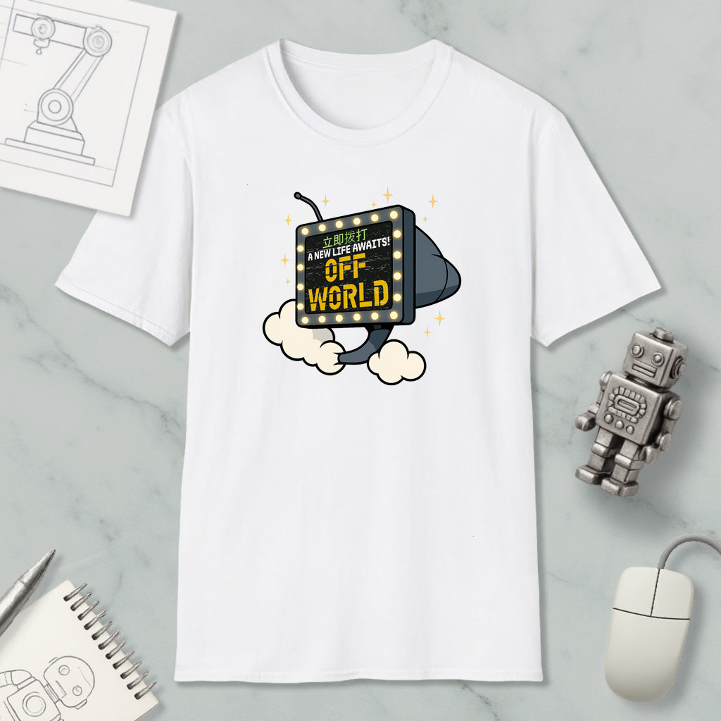 a white t-shirt with a graphic design of a robot or character holding a sign that says "A NEW LIFE AWAY!" The t-shirt is displayed on a marble surface, along with a computer mouse, a notebook, and a pen.