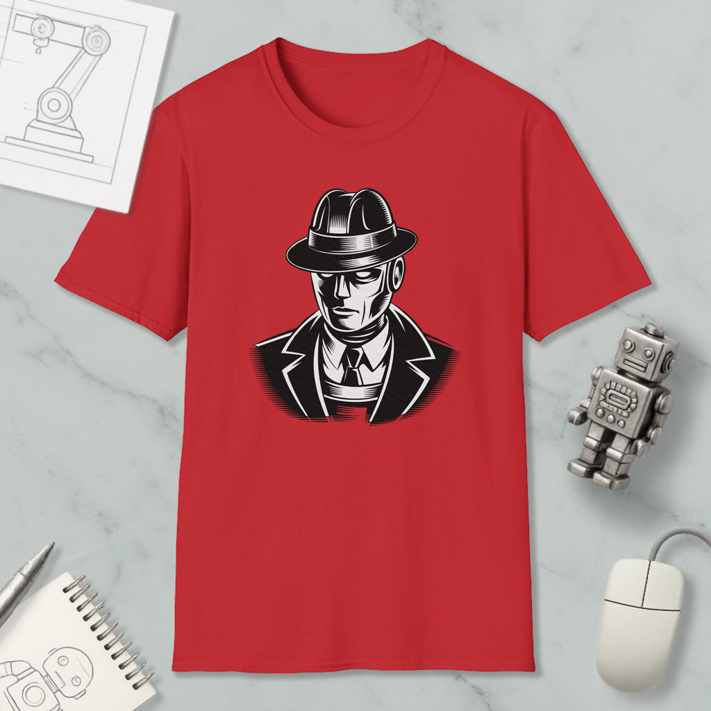 a red t-shirt with a graphic of a man wearing a hat and suit, along with a small robot and a computer mouse.