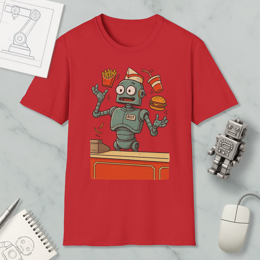 a red t-shirt with a cartoon robot standing in front of a fast-food restaurant, holding a burger, fries, and a drink.