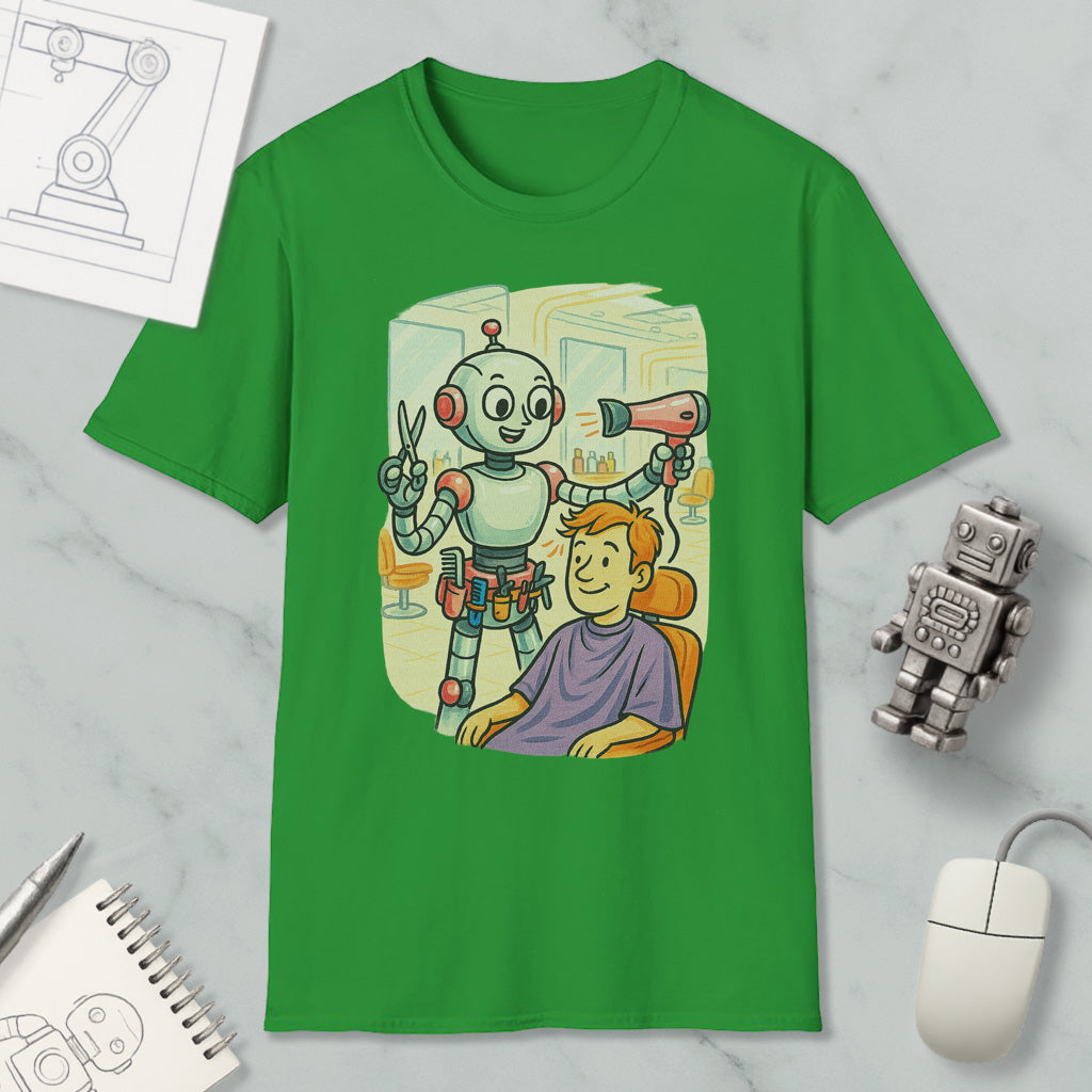 A green t-shirt with an illustration of a robot giving a haircut to a person, accompanied by a computer mouse, a notebook, and a drawing of a robot.