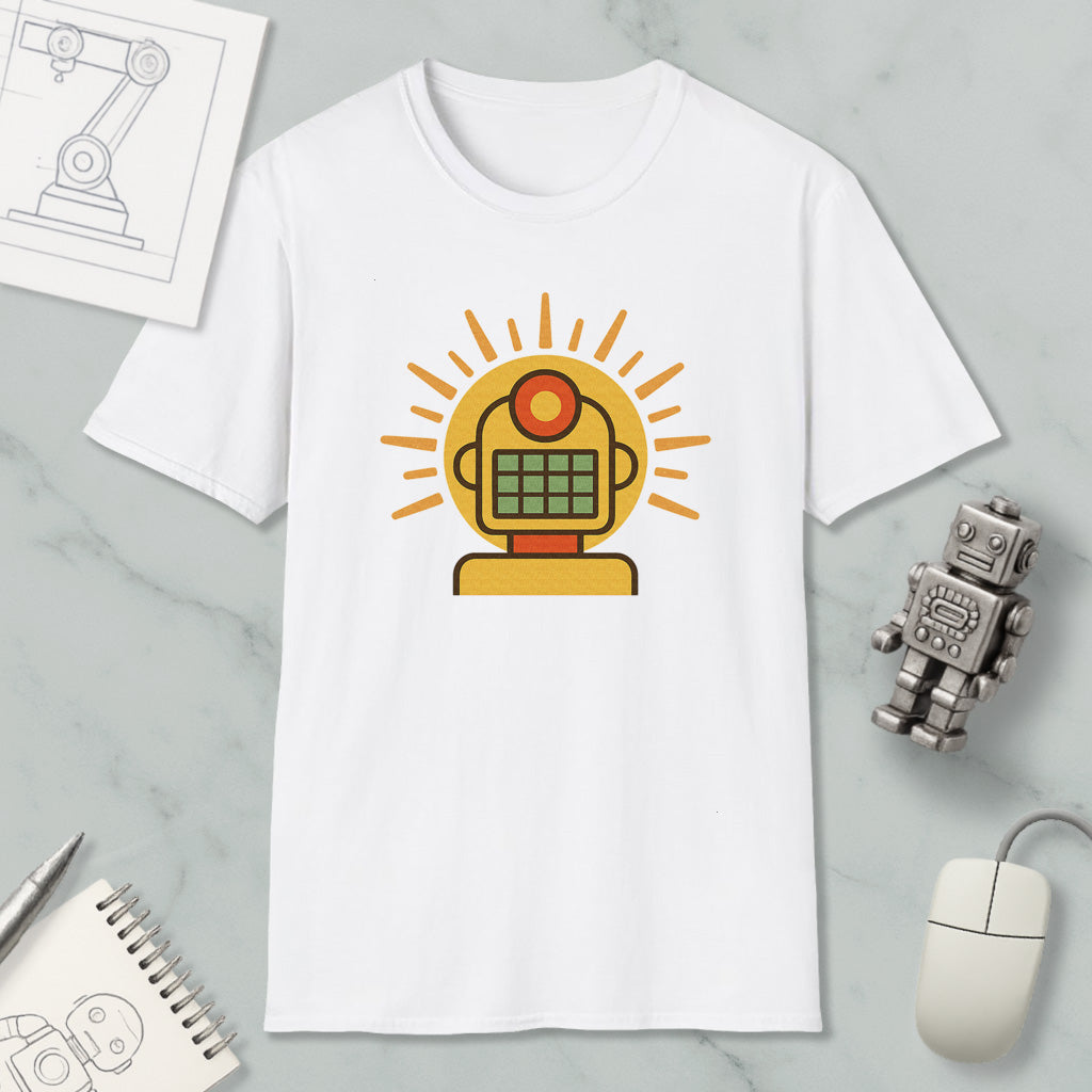 a white t-shirt with a graphic design of a robot or robot-like figure, along with a computer mouse and a notebook.