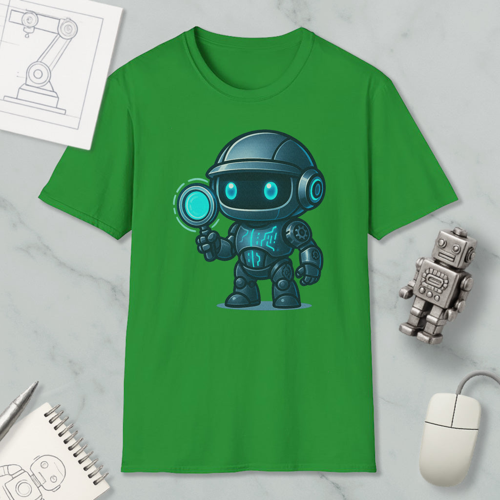 a green t-shirt with a cartoon robot design, along with various objects such as a computer mouse, a notebook, and a pen.