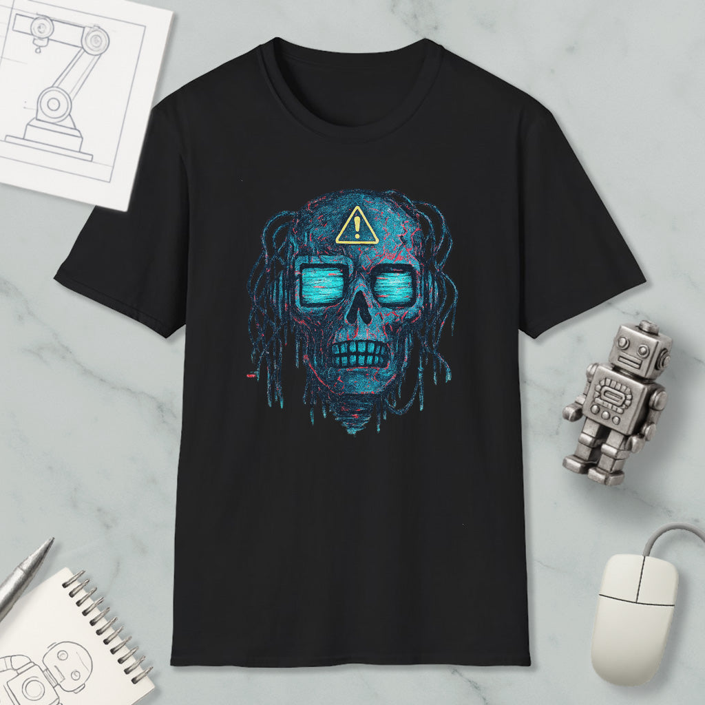 a black t-shirt with a graphic design of a skull with a triangular symbol on its forehead, surrounded by blue and green elements. The t-shirt is placed on a marble surface, with a computer mouse, a notebook, and a small robot figurine nearby.