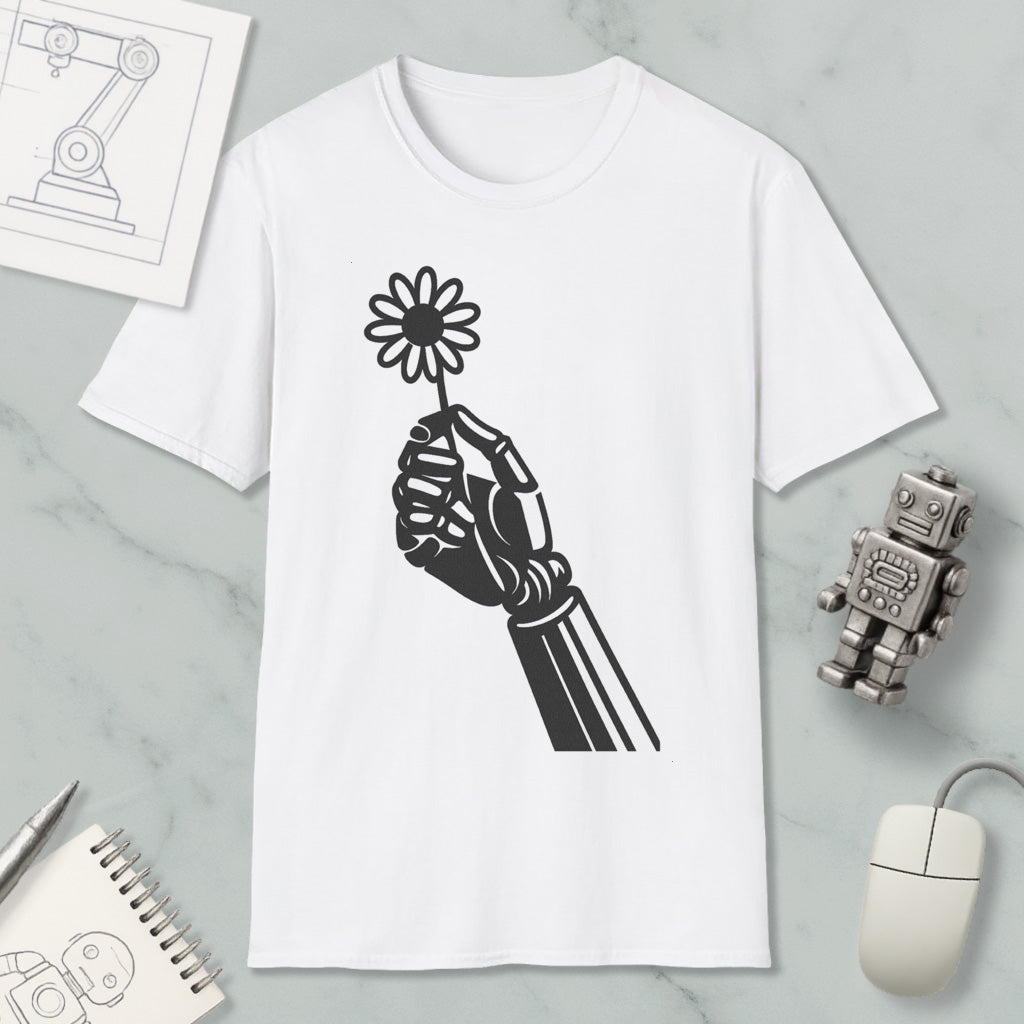 a white t-shirt with a black graphic design depicting a hand holding a flower, along with a computer mouse, a notebook, and a robot figurine.