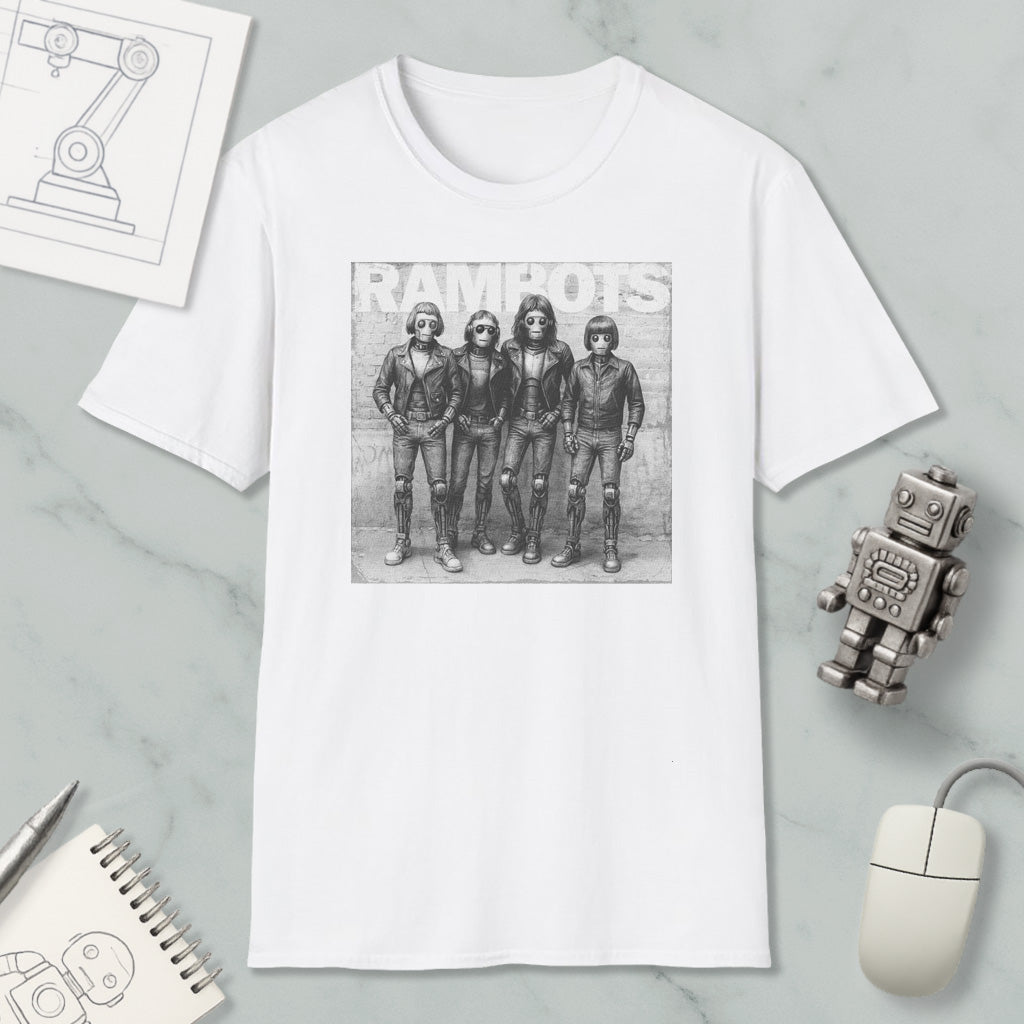 a white t-shirt with a black and white graphic of four people, along with a computer mouse and a notebook.
