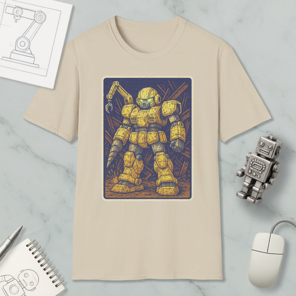 a t-shirt with a graphic of a yellow robot or robot-like figure, along with various objects such as a computer mouse, a pen, and a notebook.