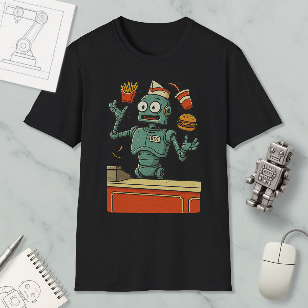 a black t-shirt with a colorful graphic of a robot standing in front of a fast-food counter, holding a burger, fries, and a drink.