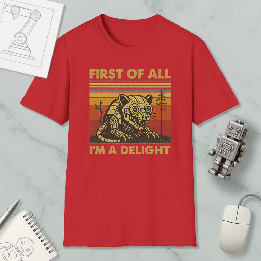 a red t-shirt with a graphic design of a robot or mechanical figure, accompanied by the text "FIRST OF ALL I'M A DELIGHT".