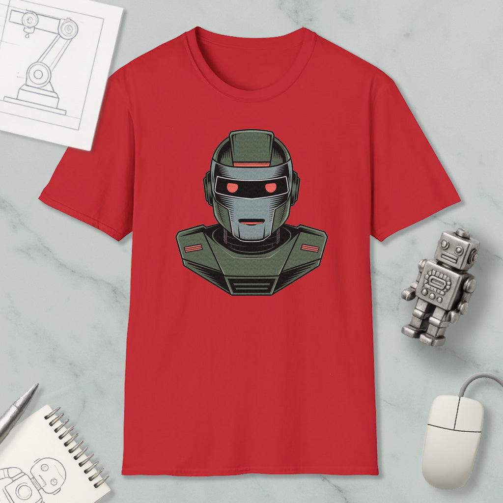 a red t-shirt with a graphic of a robot or robot-like character on it, along with a computer mouse and a notebook.