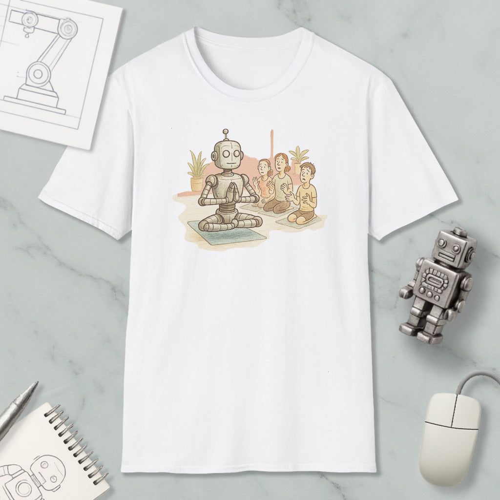 a white t-shirt with an illustration of a robot sitting on a mat, surrounded by three people, likely representing a scene from a science fiction or fantasy setting.