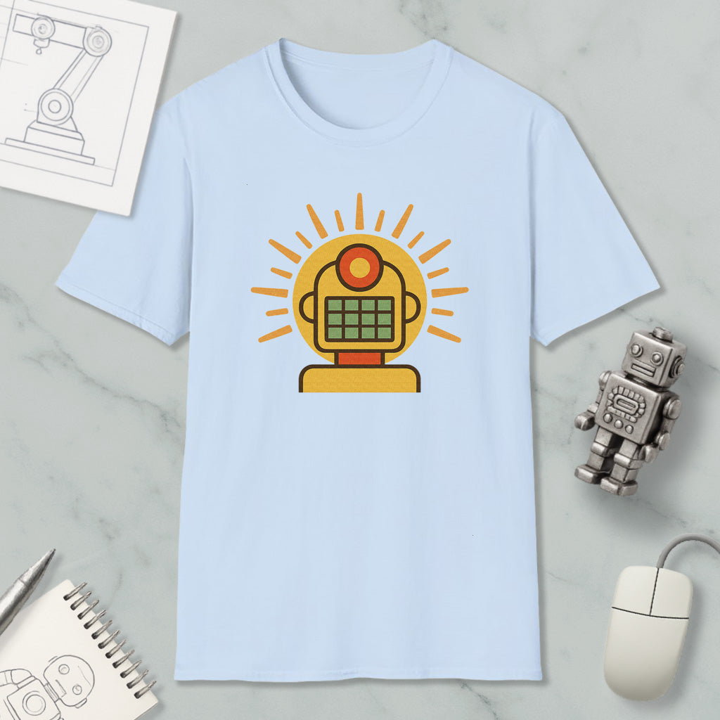 a light blue t-shirt with a graphic design of a robot or robot-like figure, along with various objects such as a computer mouse, a notebook, and a pen.