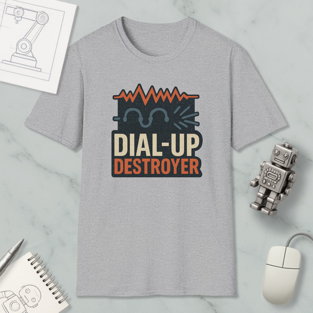 a gray t-shirt with a graphic design, a computer mouse, a robot, and some papers on a marble surface.