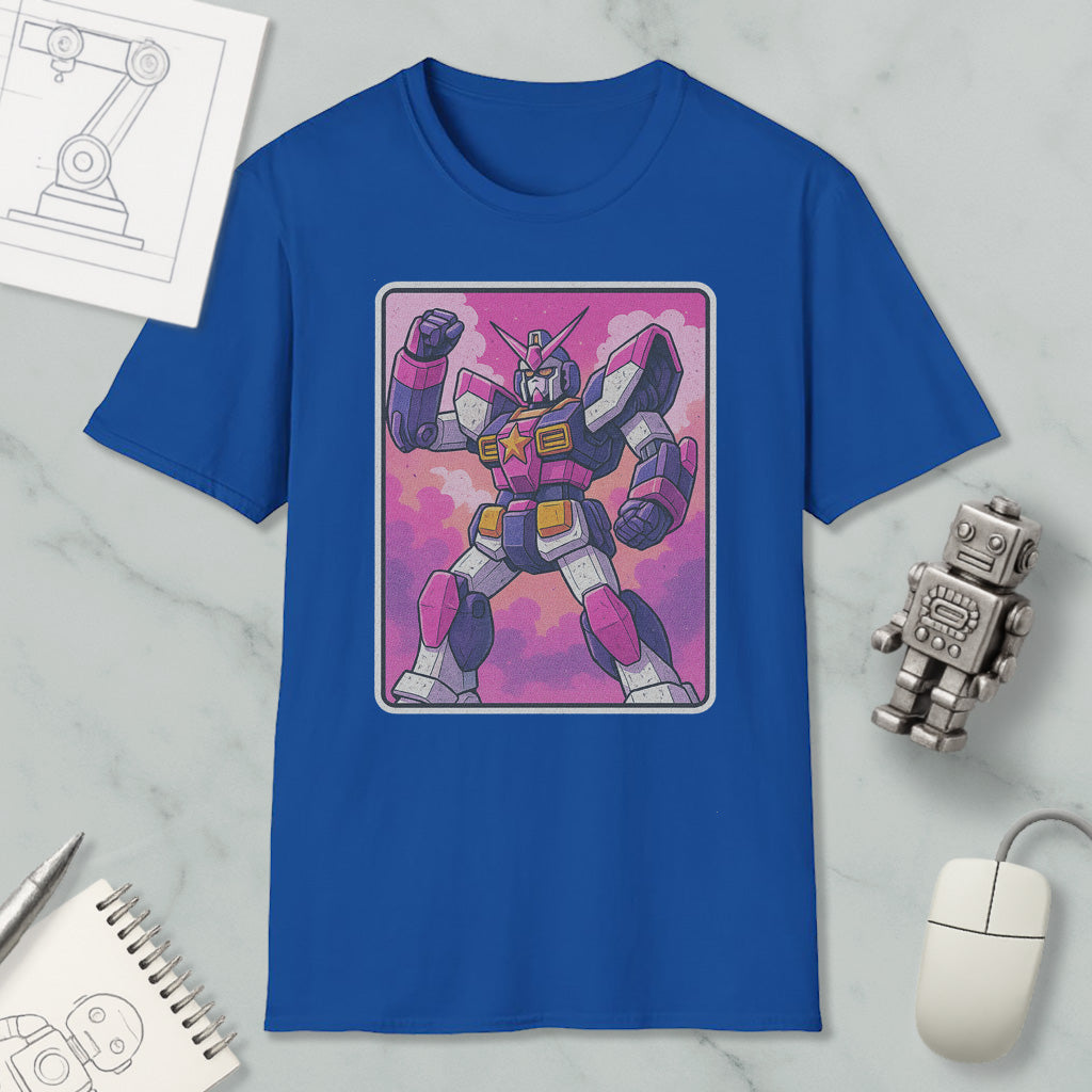 a blue t-shirt with a graphic of a robot or character, along with various objects such as a computer mouse, a notebook, and a pen.