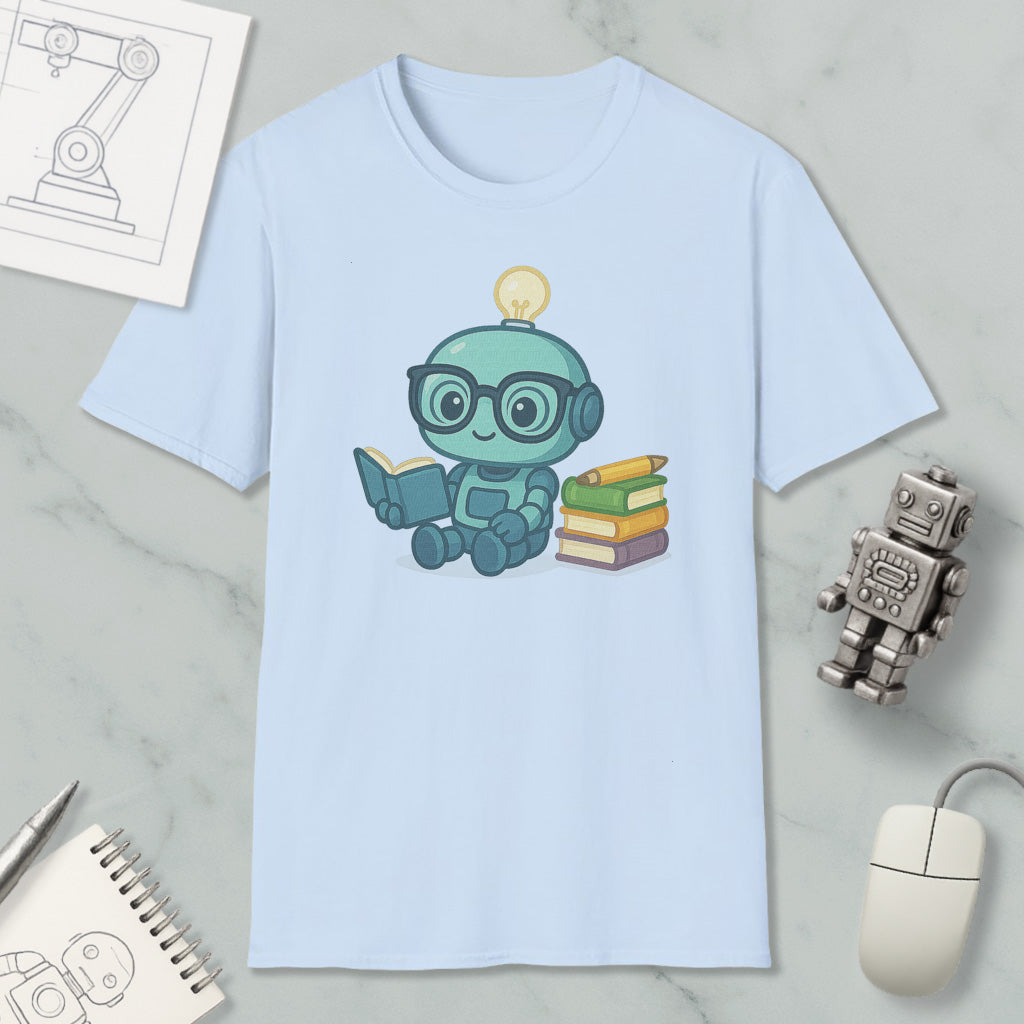 A light blue t-shirt with a cartoon robot holding a book and a light bulb on its head, surrounded by books and a computer mouse.