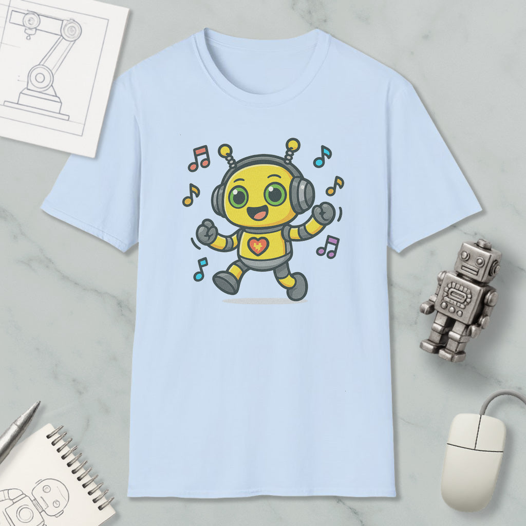 A light blue t-shirt with a cartoon robot wearing headphones and surrounded by musical notes, placed on a marble surface alongside a computer mouse and a small robot figurine.