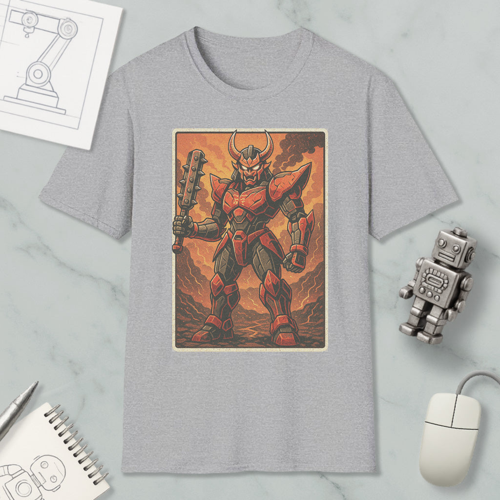 a gray t-shirt with a graphic design depicting a red and black armored robot or character, holding a weapon and standing in a fiery, rocky landscape.