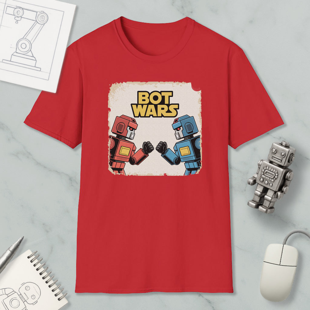a red t-shirt with a graphic design of two robot characters, one in red and one in blue, engaged in a battle or fight. The text "BOT WARS" is displayed above the characters, suggesting a theme related to robots or artificial intelligence.