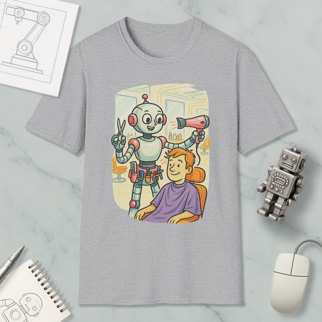 A gray t-shirt with an illustration of a robot giving a haircut to a person, surrounded by various objects such as a computer mouse, a notebook, and a toy robot.