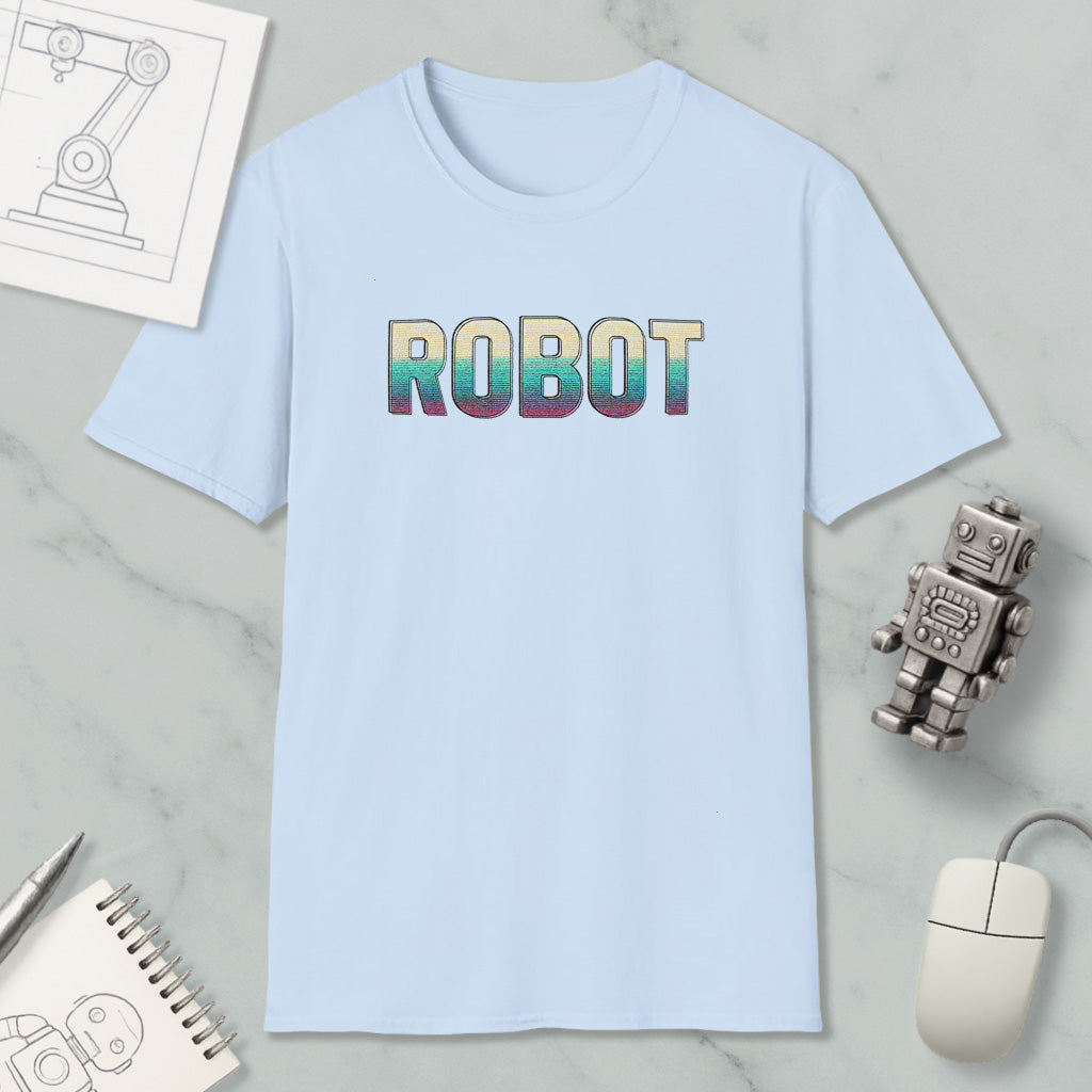 a light blue t-shirt with the word "ROBOT" printed on it, along with various objects such as a computer mouse, a notebook, and a small robot figurine.