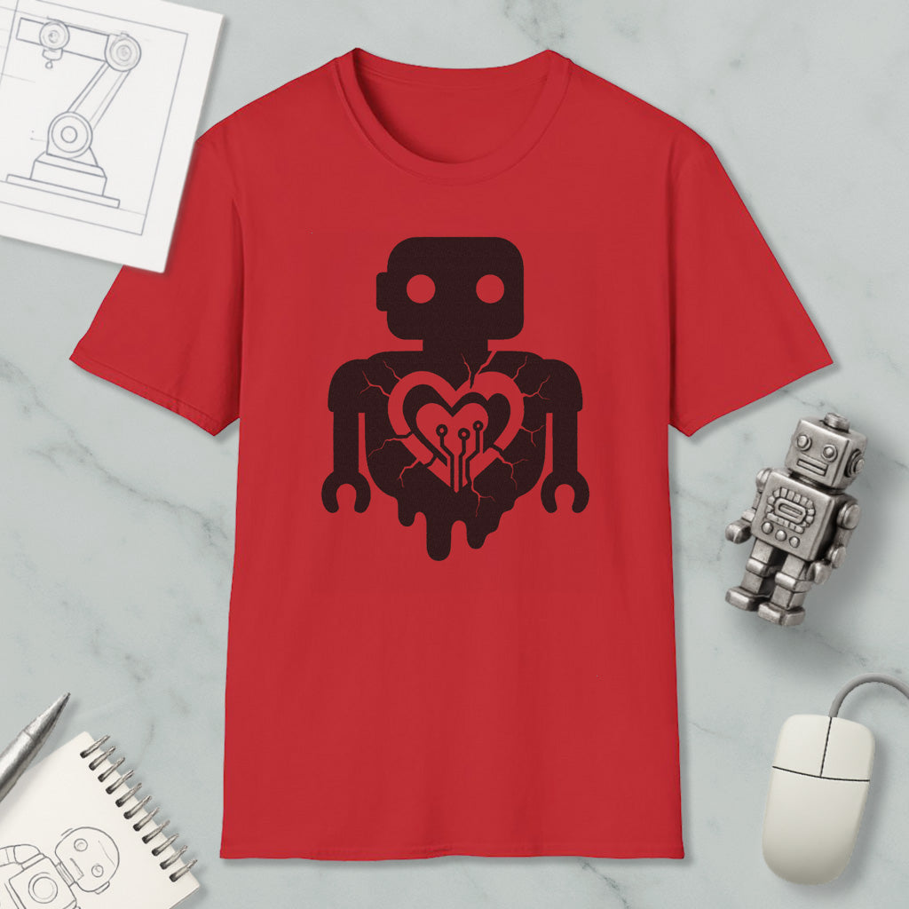 a red t-shirt with a black robot graphic and a heart symbol, along with a computer mouse and a notebook.