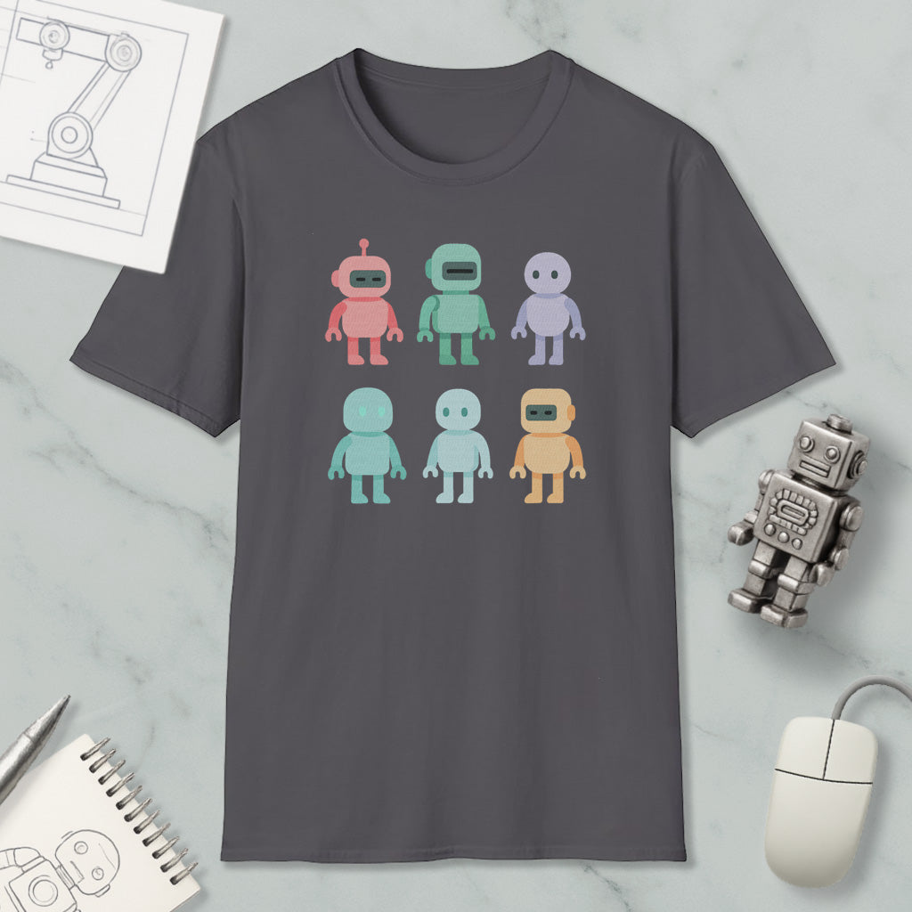 a gray t-shirt with a graphic design of six colorful robot characters, along with various objects such as a computer mouse, a notebook, and a pen.
