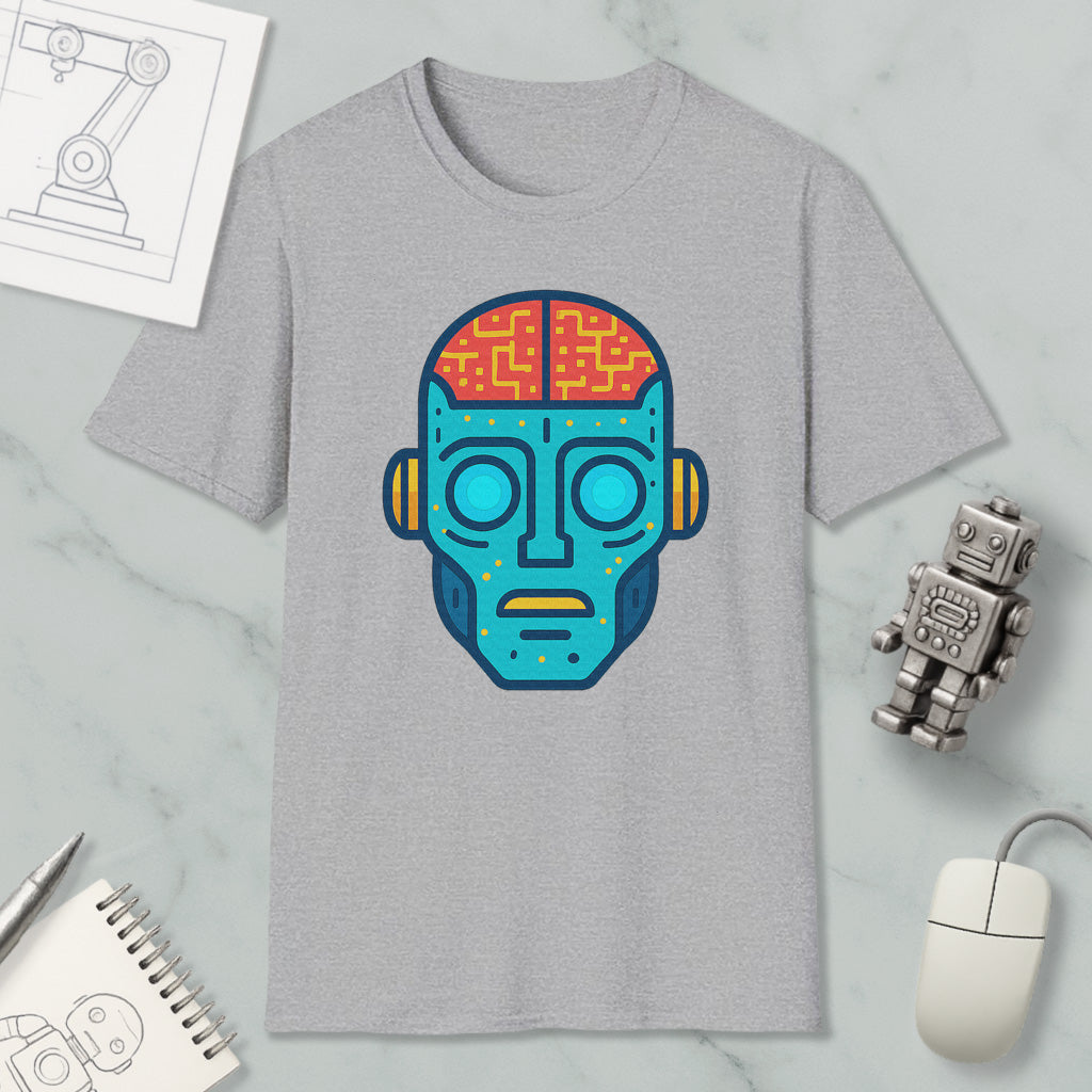 a gray t-shirt with a colorful robot or robot-like face design on it, along with various objects such as a computer mouse, a pen, and a notebook.