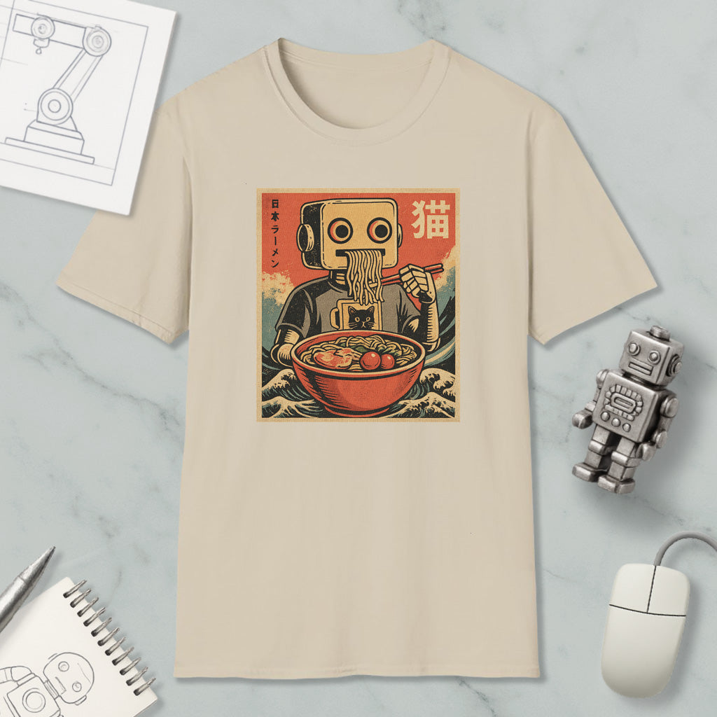 a t-shirt with a graphic design depicting a robot eating noodles, surrounded by various objects such as a computer mouse, a notebook, and a robot figurine.