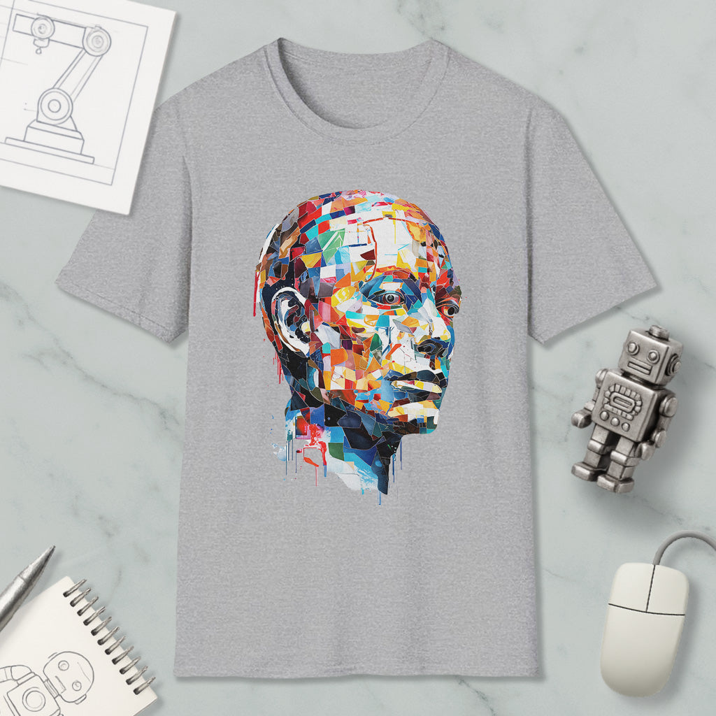 a gray t-shirt with a colorful, abstract portrait of a man's face printed on it, along with various objects such as a computer mouse, a robot, and a notebook.