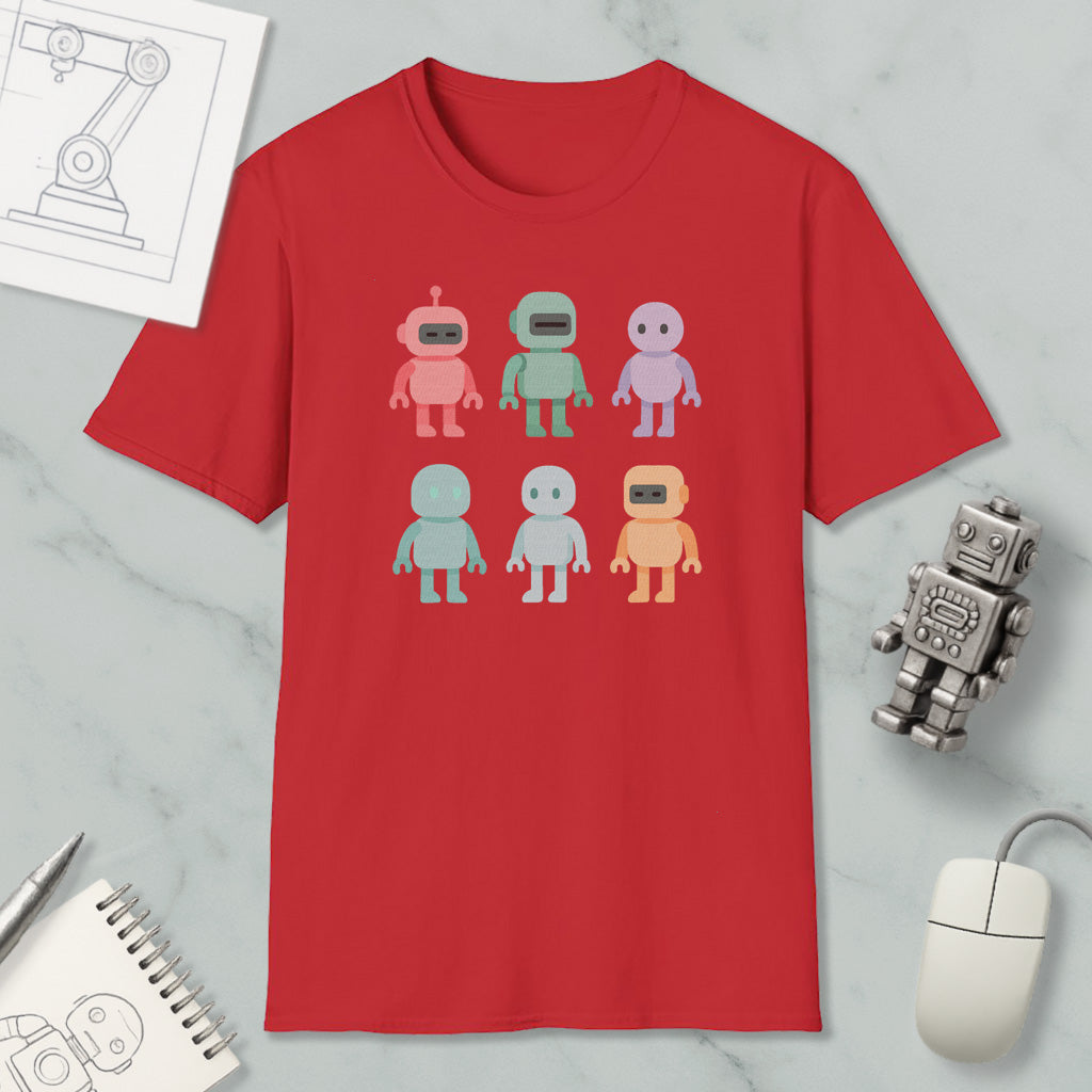 a red t-shirt with a graphic of six colorful robot characters, along with various office supplies such as a computer mouse, a notebook, and a pen.