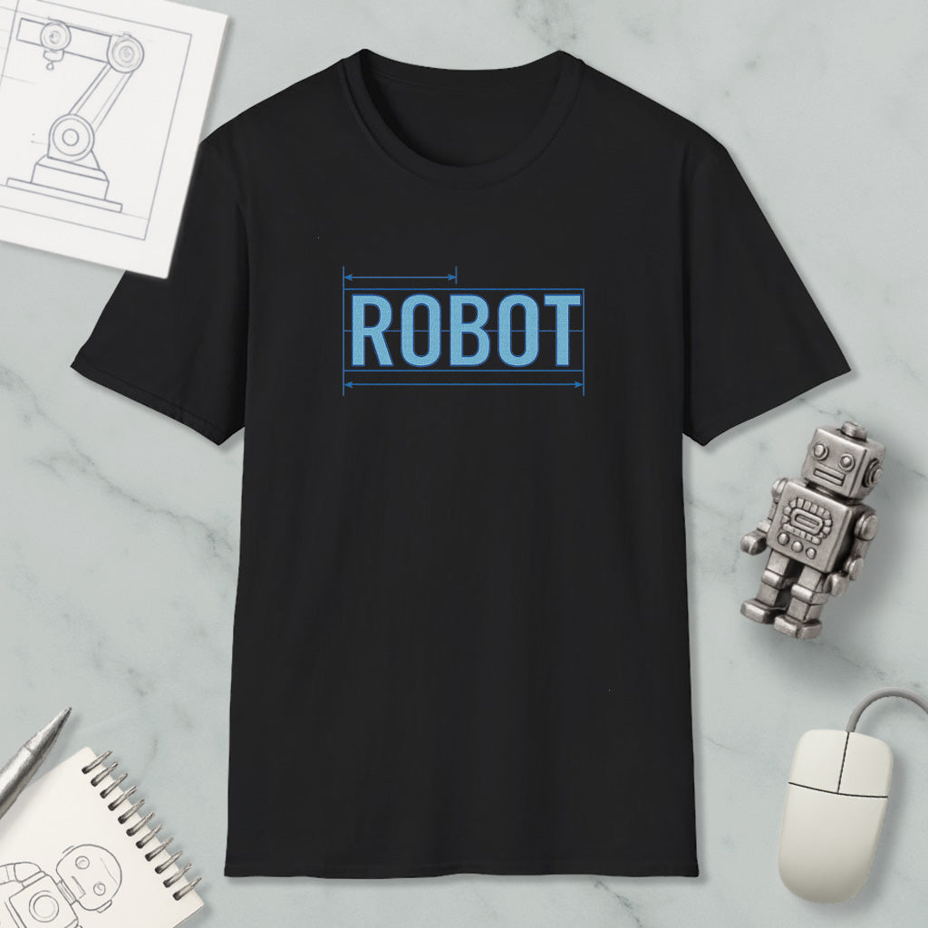 a black t-shirt with the word "ROBOT" printed on it, along with a small robot figurine and some office supplies such as a notebook and a computer mouse.