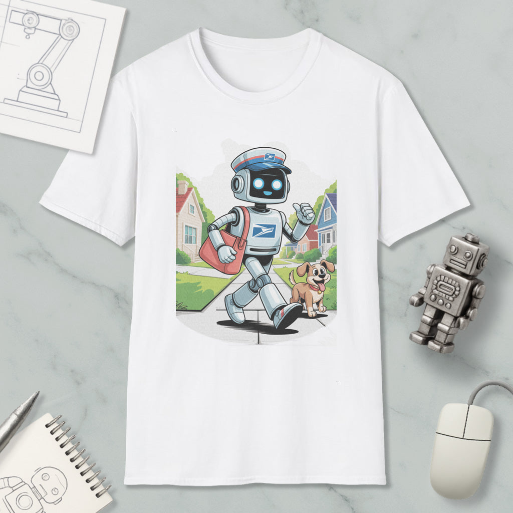 a white t-shirt with a cartoon illustration of a robot mailman walking a dog on a sidewalk, accompanied by a small robot toy and a computer mouse.