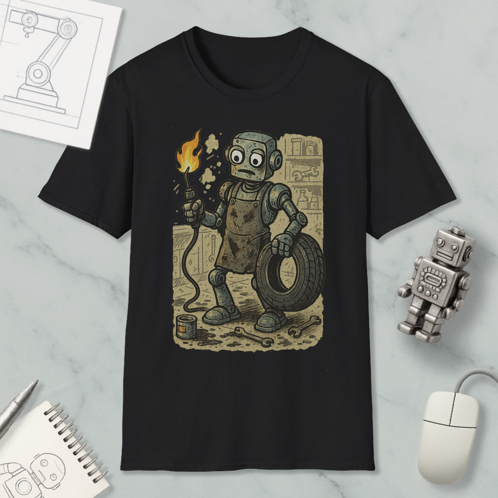 a black t-shirt with a graphic design depicting a robot holding a tire and a lighter, surrounded by various mechanical and industrial elements.