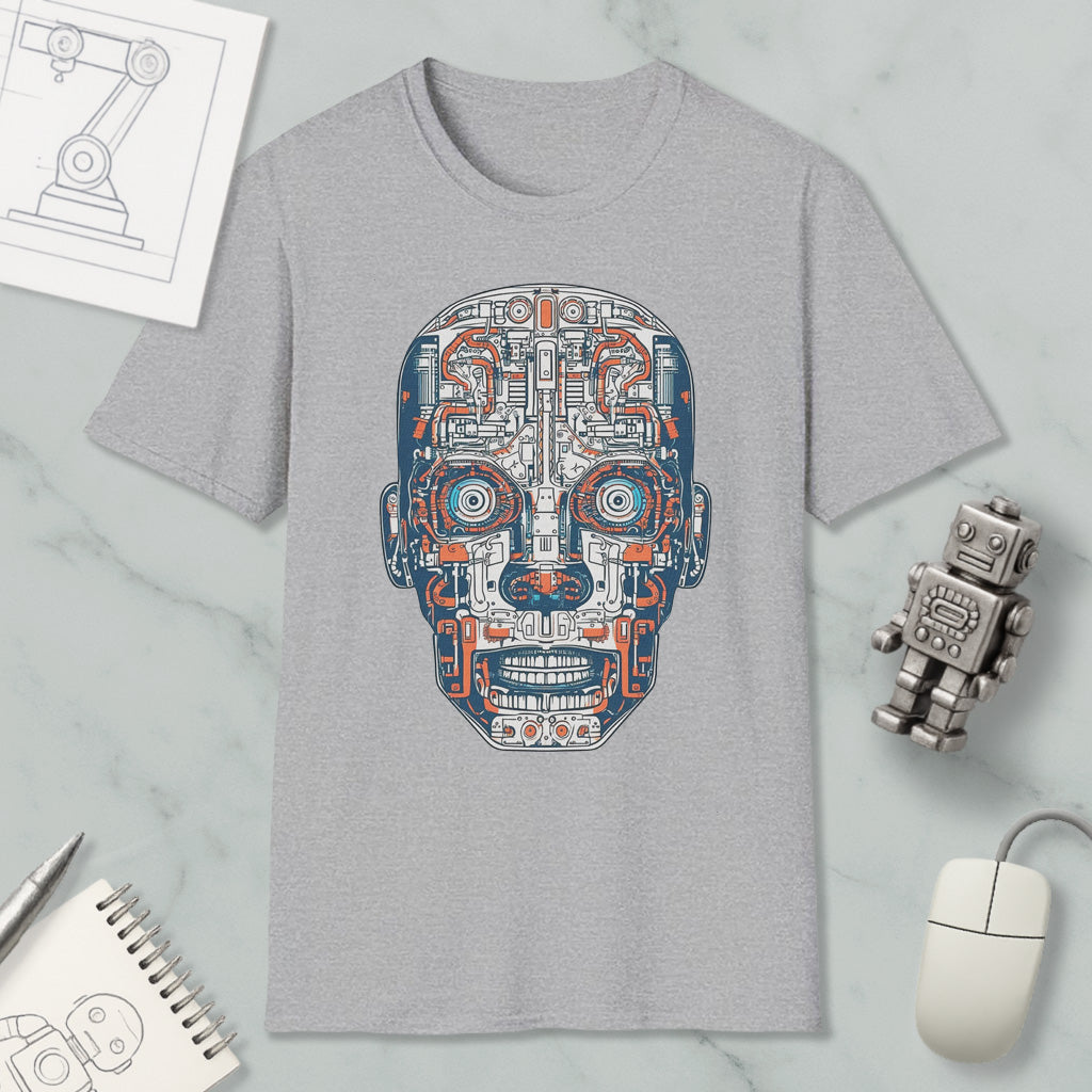 a gray t-shirt with a colorful, intricate robot or machine face design on it, surrounded by various objects such as a computer mouse, a notebook, and a pen.