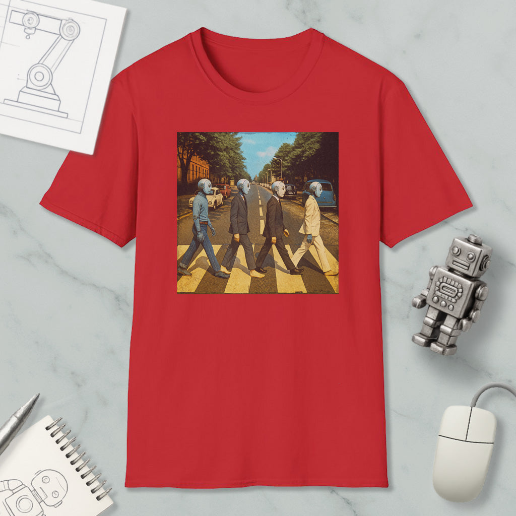 a red t-shirt with a graphic of the iconic album cover for the song " Abbey Road" by The Beatles, along with a robot and a computer mouse.