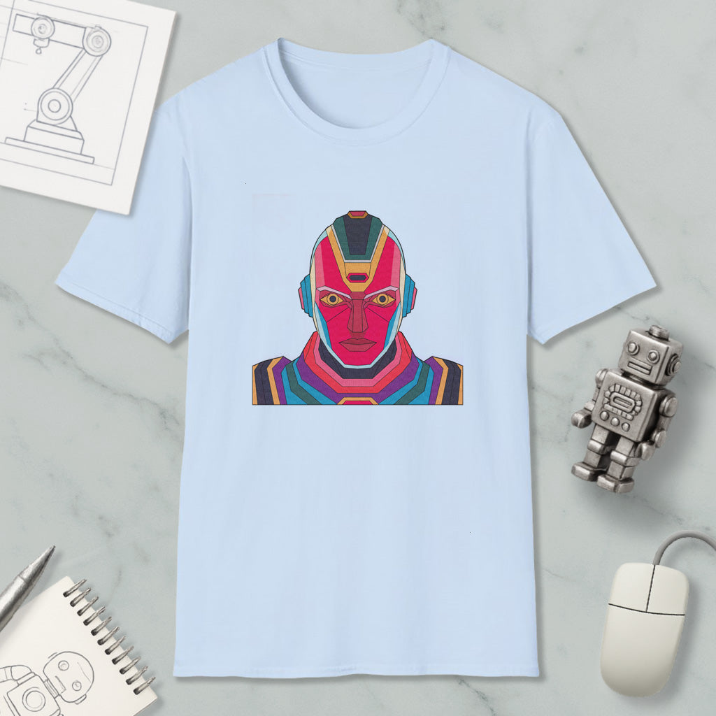 a light blue t-shirt with a colorful graphic of a robot or character on it, along with various objects such as a computer mouse, a notebook, and a pen.