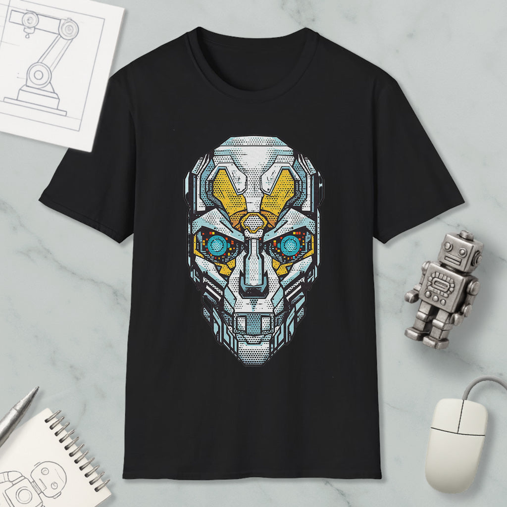 a black t-shirt with a graphic design of a robot or cyborg face, along with various objects such as a computer mouse, a notebook, and a pen.