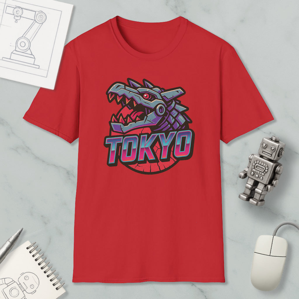 a red t-shirt with a graphic of a dragon or robot head, along with a computer mouse and other office supplies.